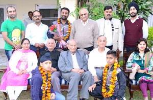 Sunny Nanda posing with dignitaries in Jammu on Tuesday. 