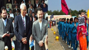 Governor N N Vohra inspecting March Past at inaugural function of 61st National School Games Under-17 Girls Cricket Tournament at MA Stadium on Saturday. 
