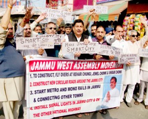 Activists of Jammu West Assembly Movement raising slogans in support of their demands on Friday.