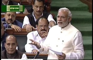 TV grab of  Prime Minister Narendra Modi speaking in the Lok Sabha during the debate on "Commitment to the Constitution”,  in New Delhi on Friday.(UNI)