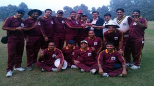 Triumphant Jammu University team posing for a group photograph after registering win over Chandigarh University in All India VC T20 Cup at Gorakhpur.