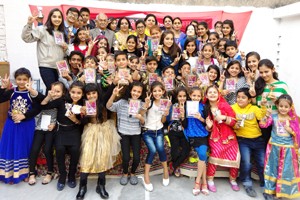 Winners showing victory signs during talent show at Nav Yug HSS at Upper Shiv Nagar in jammu.