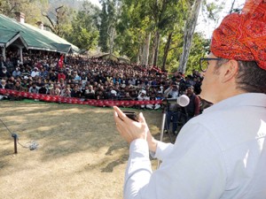 Former Chief Minister, Omar Abdullah addressing a public rally at Ramban on Friday.
