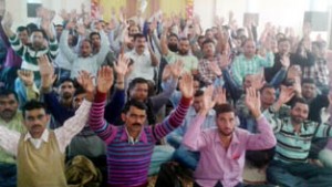Members of ReT Forum raising slogans in support of their demands at Udhampur on Sunday.
