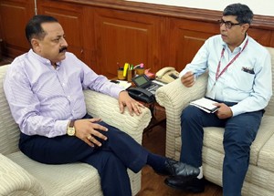 Union Minister Dr Jitendra Singh being briefed about recent curricular activities at Lal Bahadur Shastri National Academy of Administration, Mussoorie by the Academy Director Rajeev Kapoor, at North Block, New Delhi.