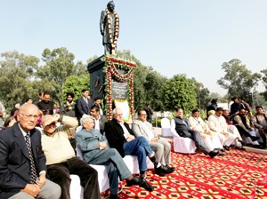 Deputy Chief Minister, Dr Nirmal Singh, former CM, Dr Farooq Abdullah, Speaker Kavinder Gupta during a function held in connection with 28th death anniversary of veteran Congress leader Girdhari Lal Dogra at Jammu on Friday.-Excelsior/Rakesh