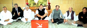 Provincial President NC, Devender Singh Rana chairing a meeting of senior party functionaries at Sher-e-Kashmir Bhavan on Thursday.