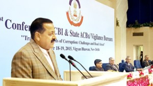 Union Minister Dr Jitendra Singh addressing the "21st Conference of CBI and Vigilance Bureaus" as chief guest, at Vigyan Bhawan, New Delhi on Thursday.