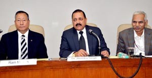 Union DoNER Minister Dr Jitendra Singh, flanked by Union Secretary DoNER Naveen Verma and Secretary North East Council Ram Muivah, presiding over a meeting of Principal Secretaries of Health from North-Eastern States, at New Delhi on Friday.