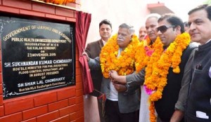 Minister for PHE, Sukhnandan Kumar inaugurating WSS at Sai Kalan on Sunday.