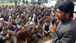 PCC chief, GA Mir addressing Congress Workers’ rally at Anantnag on Sunday. 
