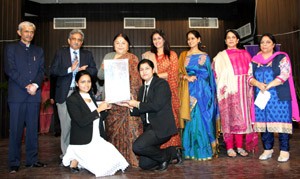 Winners of JU Law School posing with Roller Trophy in Justice Bodh Raj Sawhney Memorial Debate on Friday.