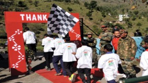 Col Jodhvir Singh flagging off trekking tour of school children as part of Poonch Link-up Day celebrations at Khanetar on Tuesday.