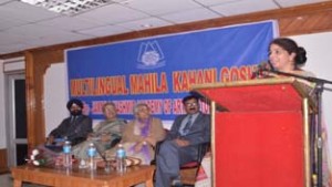 A woman writer speaking during ‘Kahani-Goshthi’ programme organised by JKAACL in Jammu on Wednesday.