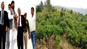 Minister for Health, Ch Lal Singh inspecting site for AIIMS at Jammu on Monday.