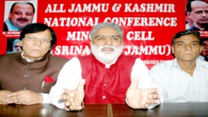 NC Minority Cell leaders at a press confernence at Jammu on Thursday. — Excelsior/Rakesh