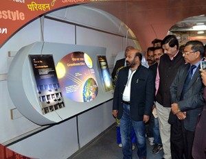 Minister for Forest, Bali Bhagat during his visit to Science Express Exhibition at Udhampur on Friday.