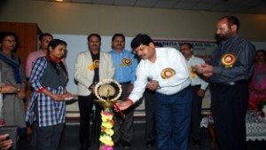 Asstt Comm KVS (JR) Jammu lighting ceremonial lamp to inaugurate Science Exhibition at KV-1 on Monday.