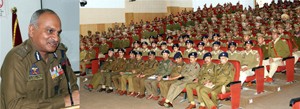 DGP, K Rajendra Kumar addressing trainees and staff at SKPA, Udhampur.