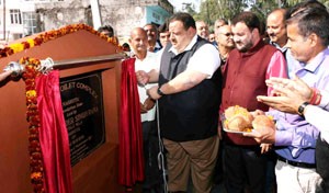 Provincial President NC, Devender Singh Rana laying foundation stone of Sulabh Swachaliya at Nagrota on Monday.