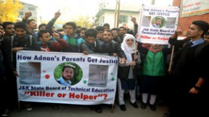 Students staging protest against Board of Technical Education in Srinagar on Tuesday.          -Excelsior/ Amin War