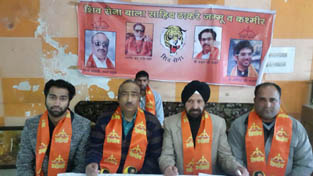 Shiv Sena leaders during a press conference at Jammu on Friday. -Excelsior/ Rakesh