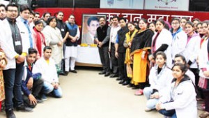 Students of various colleges posing for a photograph during a blood donation camp at Jammu on Thursday.