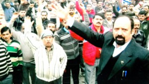 Som Nath, Sr. vice president PHE Employees Association Jammu province leading a rally at Udhampur on Thursday.