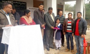 Winners being felicitated by Chief Education Officer, Bishan Singh at Tikri on Wednesday.