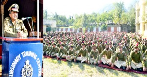 ADGP Naveen Agarwal addressing police personnel at STC Talwara on Tuesday.