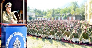 ADGP Naveen Agarwal addressing police personnel at STC Talwara on Tuesday.