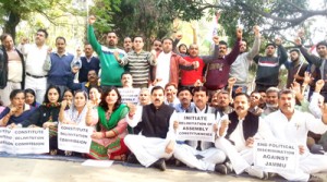 NPP leaders and activists staging protest dharna in Jammu on Tuesday. —Excelsior/Rakesh