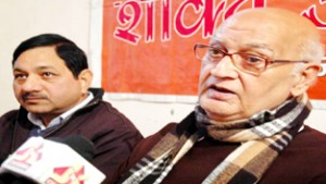 VHP patron Dr Rama Kant Dubey addressing media on Thursday. -Excelsior/Rakesh