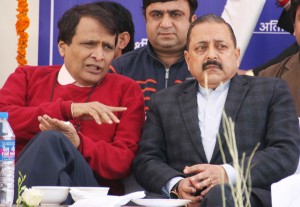 Railways Minister Suresh Prabhu along with MoS in PMO Dr Jitendra Singh addressing a function at Jammu Railway Station on Saturday..