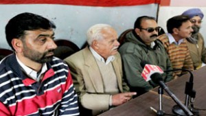 Representatives of Food and Allied workers addressing a press conference at Jammu on Wednesday. -Excelsior/ Rakesh