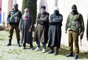 JeM militants in police custody at Handwara on Wednesday. — Excelsior/Aabid Nabi