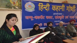 A young writer presenting short-story during Kahani Goshthi at JU on Friday.