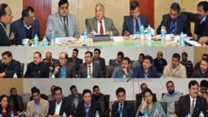 Chief Secretary, B R Sharma chairing a high level meeting at Jammu on Friday.