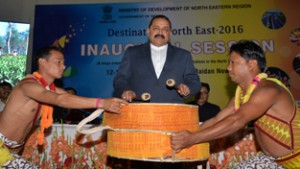 Union Minister Dr Jitendra Singh formally inaugurating the first of its kind three-day "Destination North East 2016" festival in traditional style by beating the drum to the tune of popular folk music of the region, at Pragati Maidan, New Delhi on Friday.