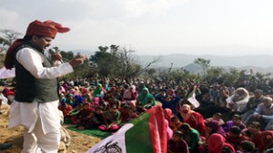 JKNPP chairman, Harshdev Singh, addressing a public meeting in Ramnagar constituency.