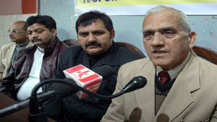 C L Banal, chairman, Shri Guru Ravi Dass Sabha Satsang Society Trust, Sikanderpur Kothey, Jammu, addressing media persons at Jammu.