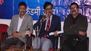 Secretary, JKAACL Dr Aziz Hajini along with others addressing a press conference at Jammu on Friday.