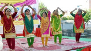 Artists presenting a cultural dance during Duggar Sanskriti Mahotsav, organized by BLSKS at Devika Nagri, Udhampur.