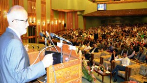 Minister for Education, Naeem Akhtar addressing the inaugural session of Educational Conclave -2016 at SKICC on Saturday.