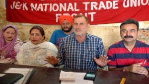 NTUF president Gafoor Dar addressing a press conference in Jammu on Thursday.      —Excelsior/Rakesh