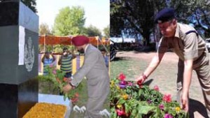 DG Fire and Emergency Services R S Sodhi paying floral tributes to martyrs at Jammu and Assistant Director P K Bhat at Udhampur.