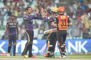 Sunil Narine celebrating with team-mates during an match against Sunrisers Hyederabad at Kolkata on Sunday.