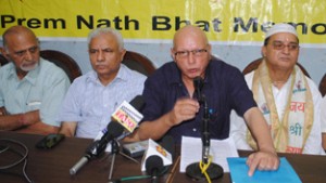 Representatives of Pt. Prem Nath Bhat Memorial Trust      talking to reporters at Jammu on Monday.       -Excelsior/ Rakesh