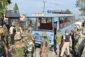 A CRPF bus which was targeted by the militants at Pampore on Saturday. —Excelsior/Younis Khaliq