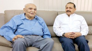 Former J&K Governor, Gen S K Sinha calling on Union Minister Dr Jitendra Singh at New Delhi.